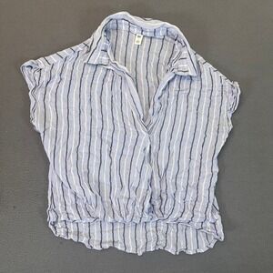 BP. Short Sleeve Button Up Collared Blouse Women's Small Striped Blue Beach Crop